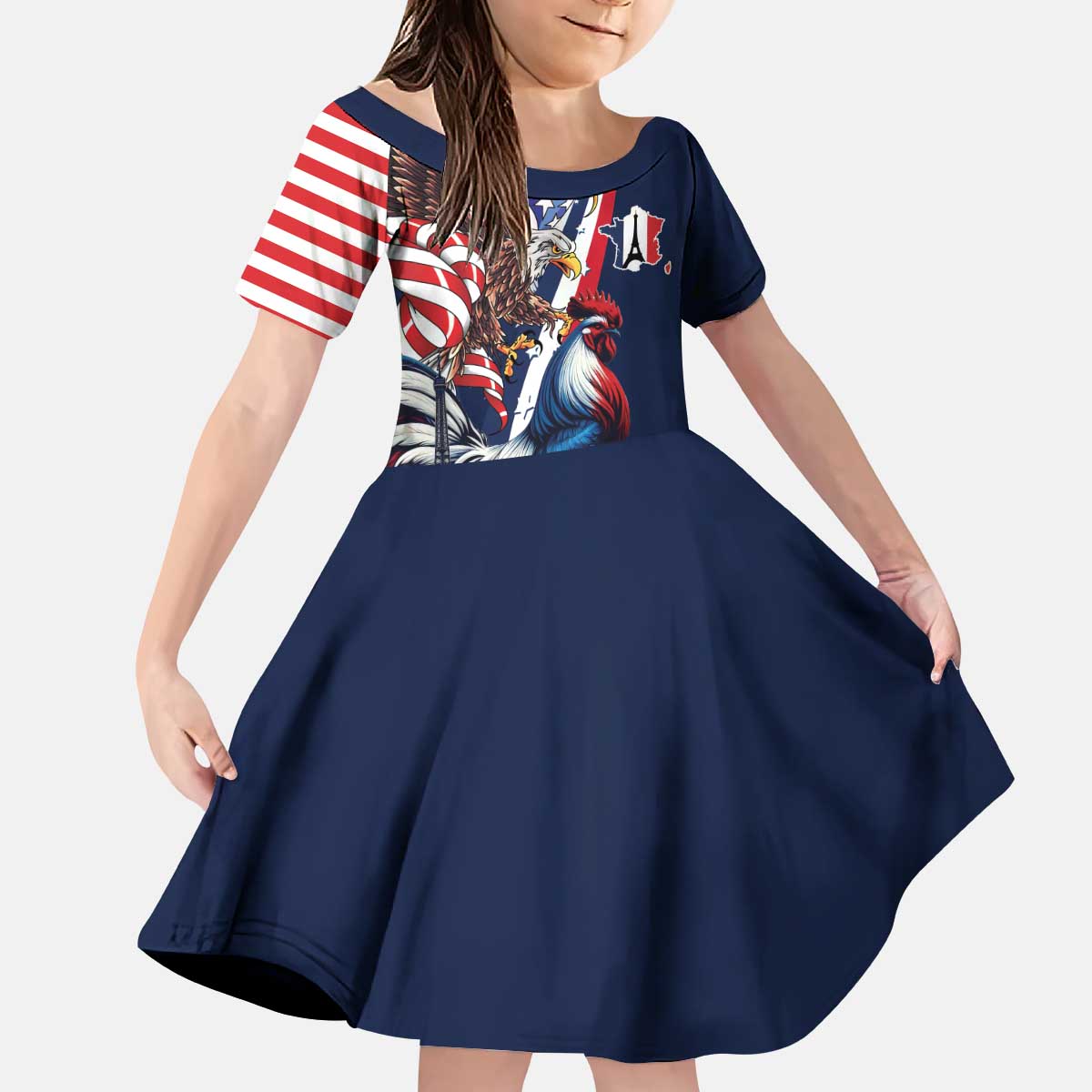 French American Heritage Month Kid Short Sleeve Dress Gallic Rooster And Bald Eagle