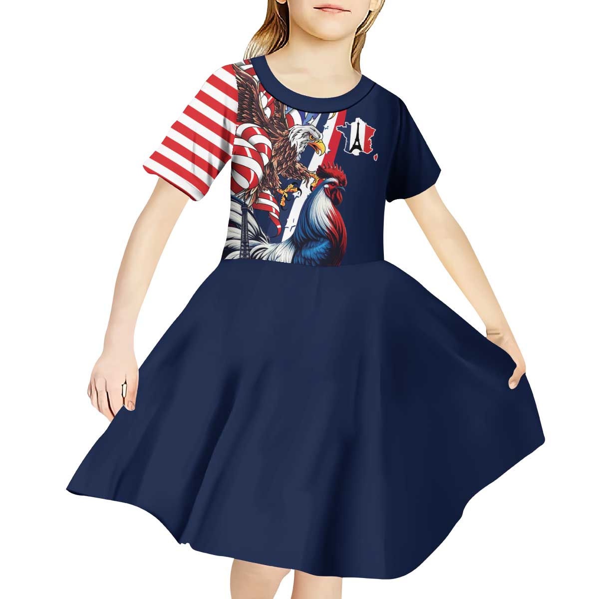 French American Heritage Month Kid Short Sleeve Dress Gallic Rooster And Bald Eagle
