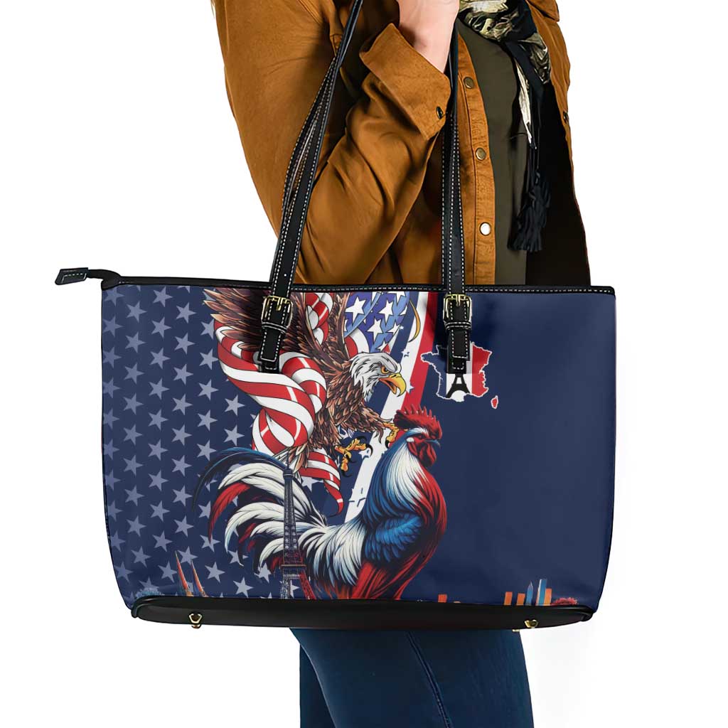 French American Heritage Month Leather Tote Bag Gallic Rooster And Bald Eagle