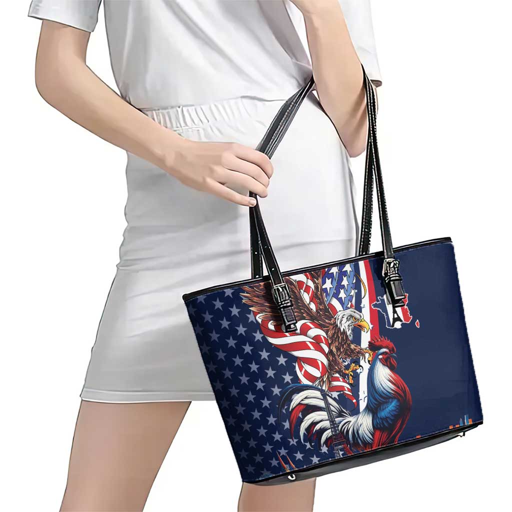 French American Heritage Month Leather Tote Bag Gallic Rooster And Bald Eagle