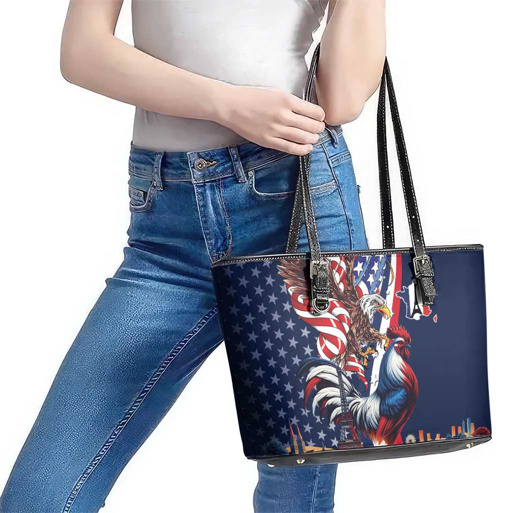 French American Heritage Month Leather Tote Bag Gallic Rooster And Bald Eagle