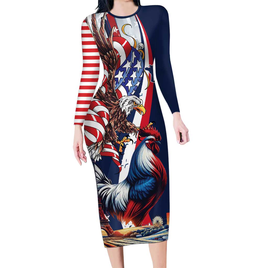 French American Heritage Month Long Sleeve Bodycon Dress Gallic Rooster And Bald Eagle