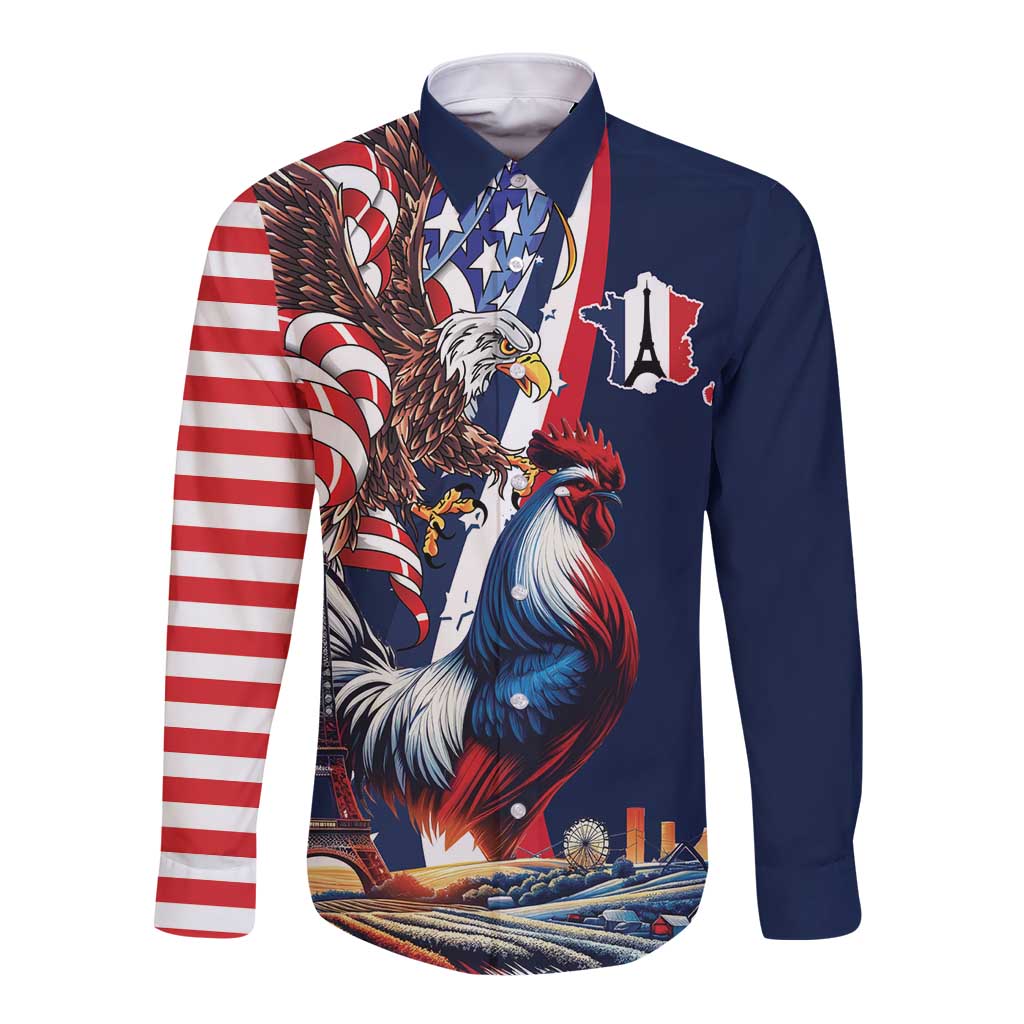 French American Heritage Month Long Sleeve Button Shirt Gallic Rooster And Bald Eagle