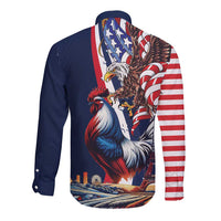French American Heritage Month Long Sleeve Button Shirt Gallic Rooster And Bald Eagle