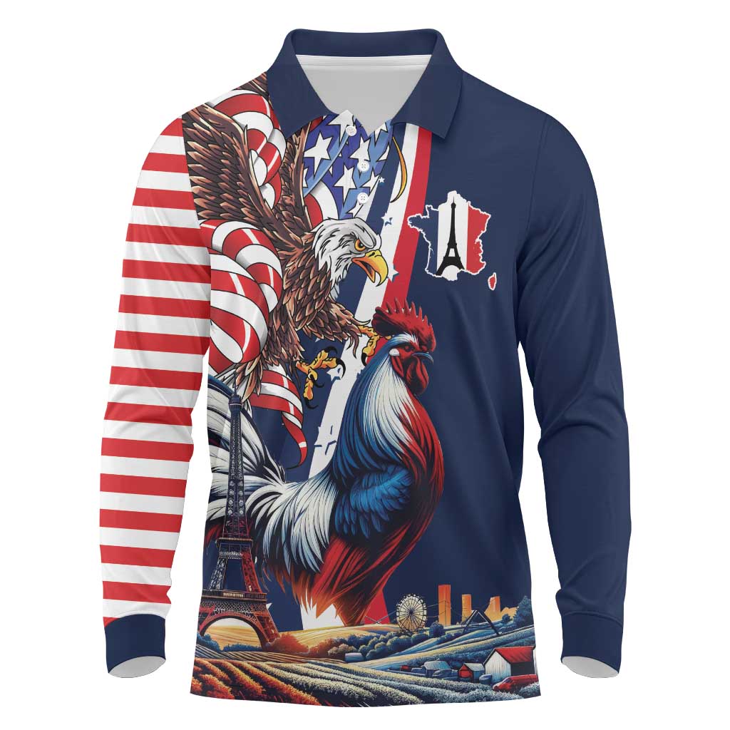 French American Heritage Month Long Sleeve Polo Shirt Gallic Rooster And Bald Eagle