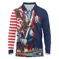 French American Heritage Month Long Sleeve Polo Shirt Gallic Rooster And Bald Eagle