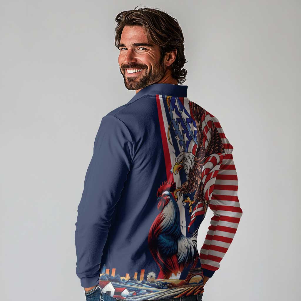 French American Heritage Month Long Sleeve Polo Shirt Gallic Rooster And Bald Eagle