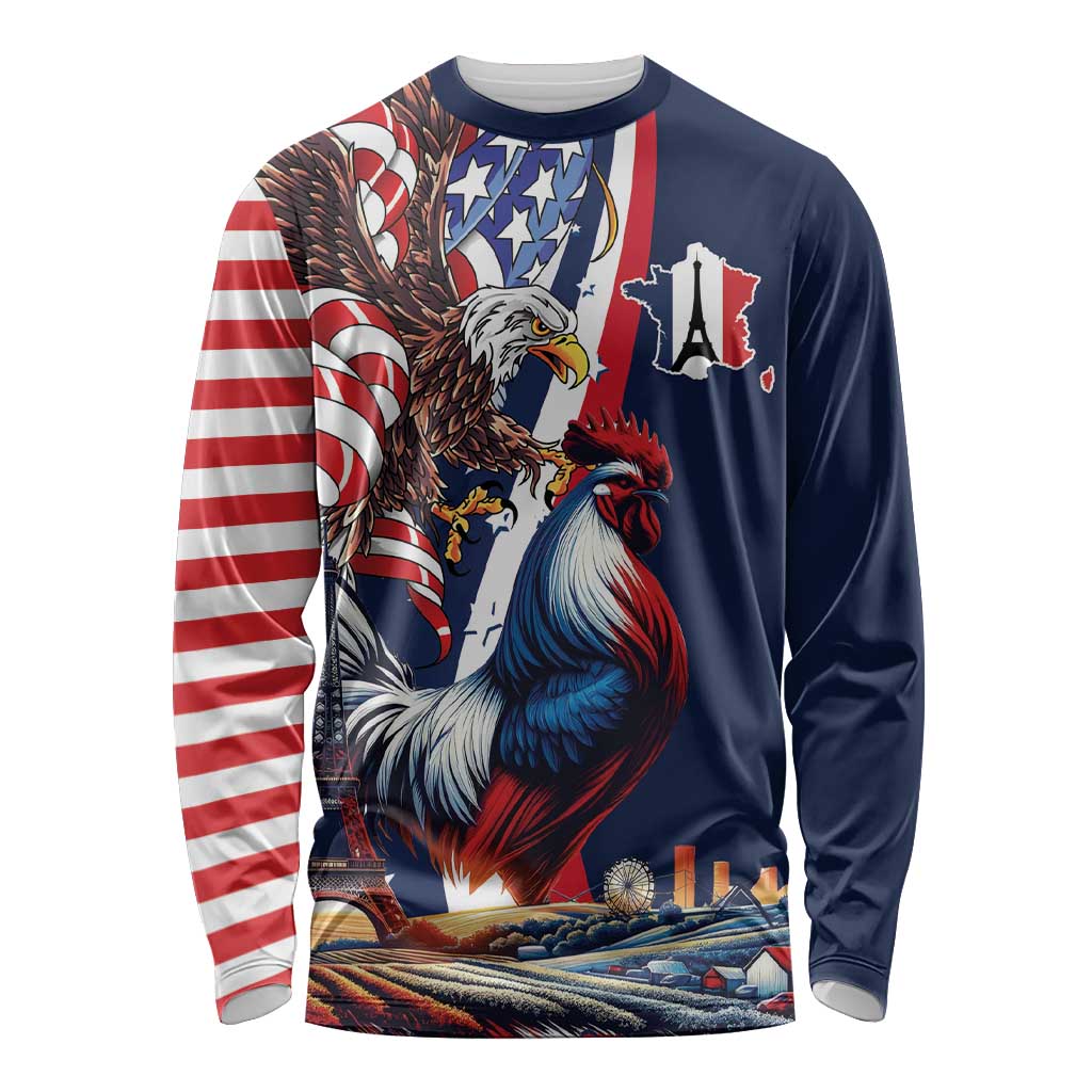 French American Heritage Month Long Sleeve Shirt Gallic Rooster And Bald Eagle