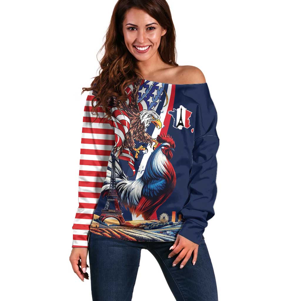 French American Heritage Month Off Shoulder Sweater Gallic Rooster And Bald Eagle