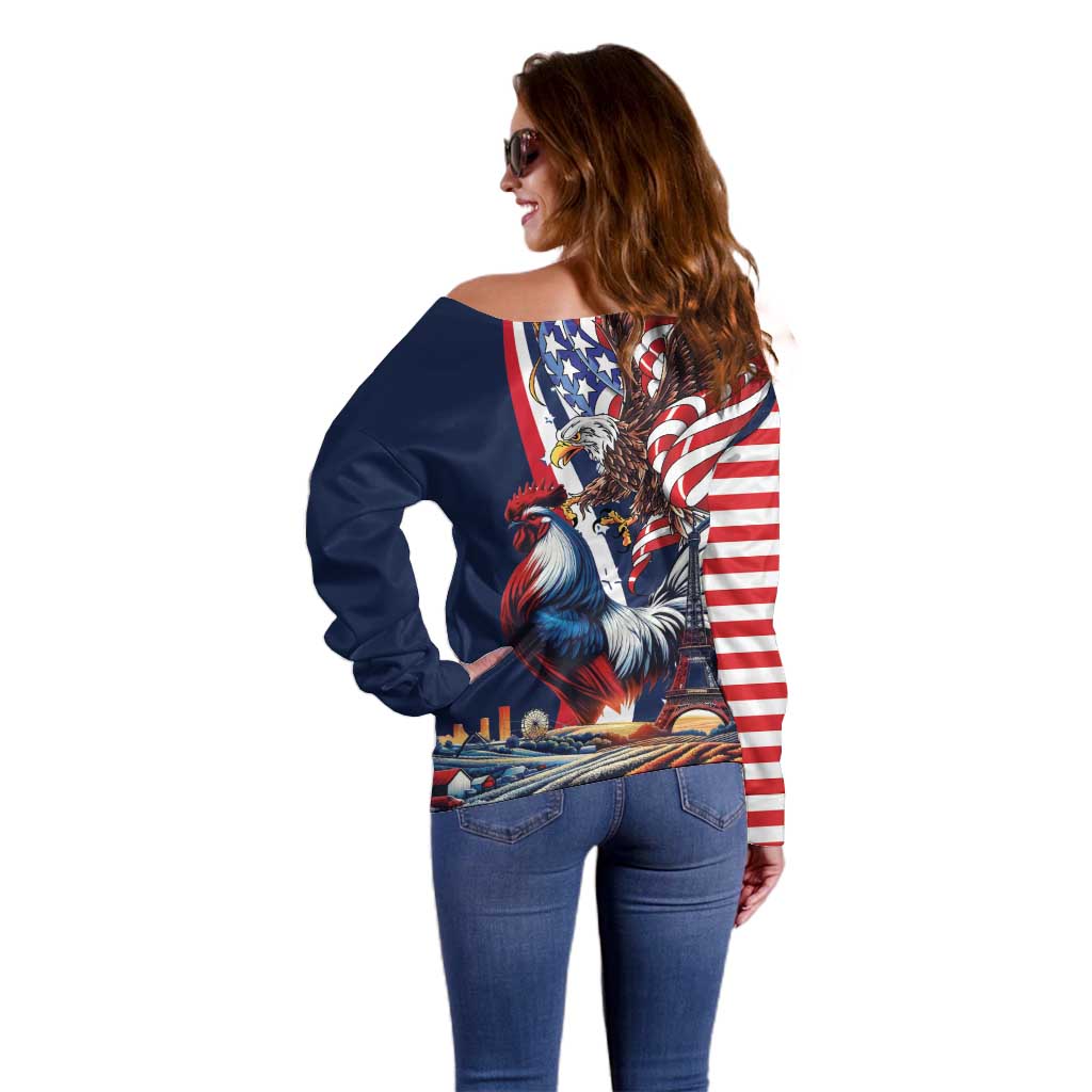 French American Heritage Month Off Shoulder Sweater Gallic Rooster And Bald Eagle
