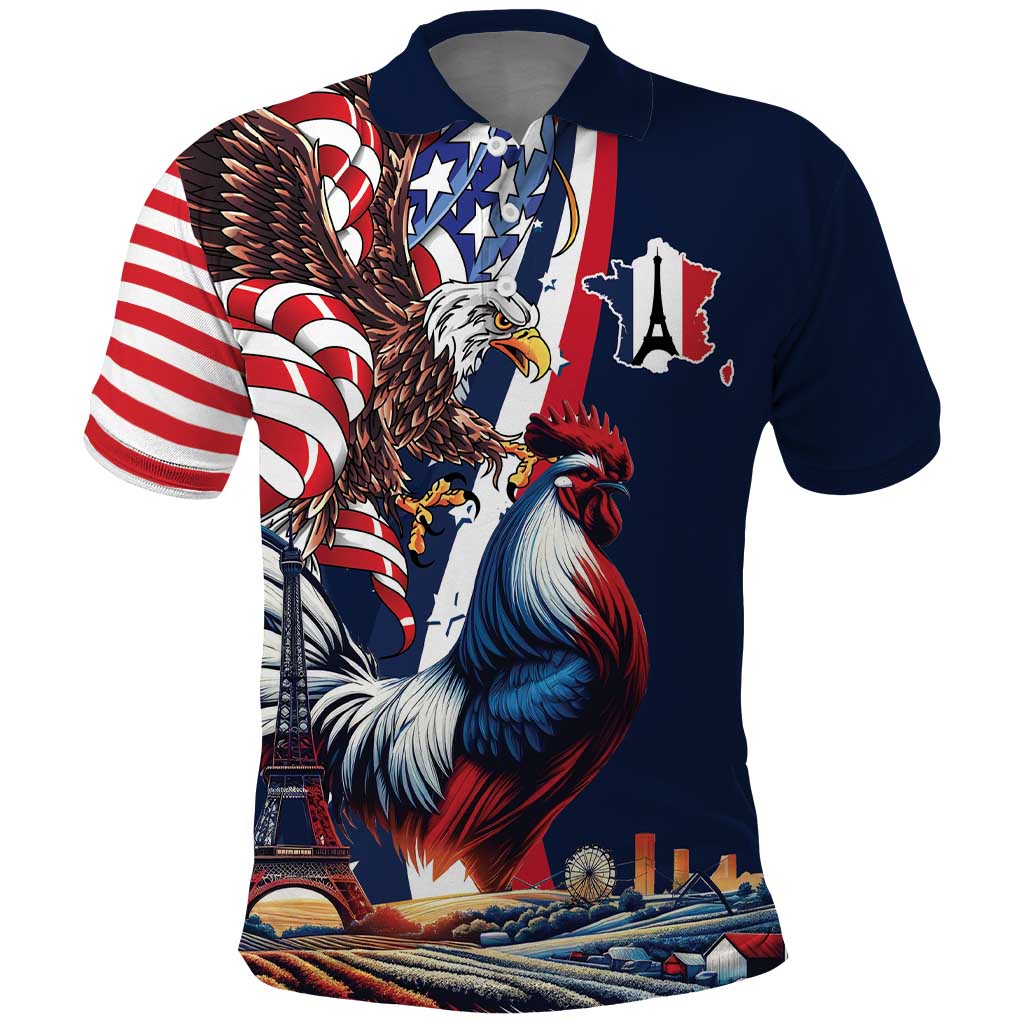 French American Heritage Month Polo Shirt Gallic Rooster And Bald Eagle