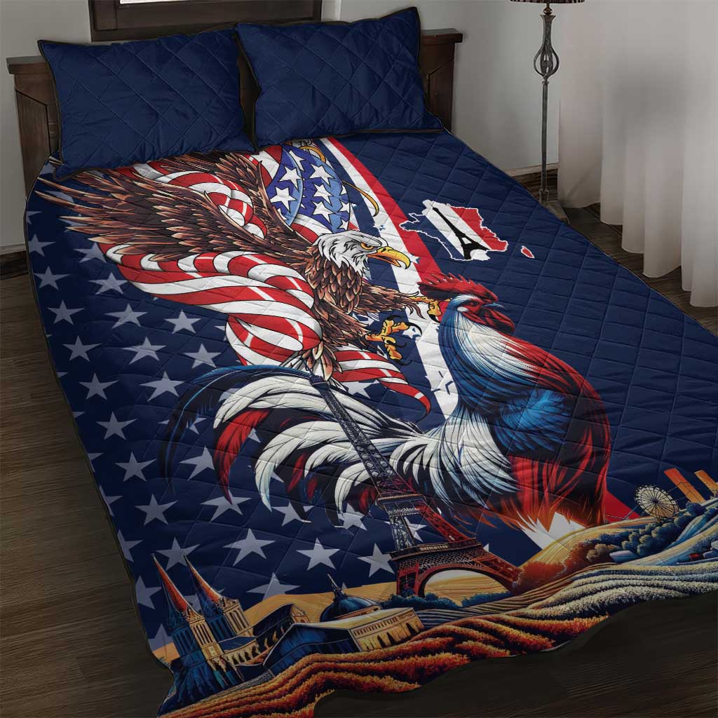French American Heritage Month Quilt Bed Set Gallic Rooster And Bald Eagle