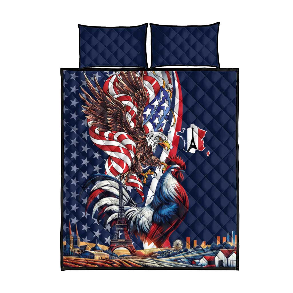 French American Heritage Month Quilt Bed Set Gallic Rooster And Bald Eagle