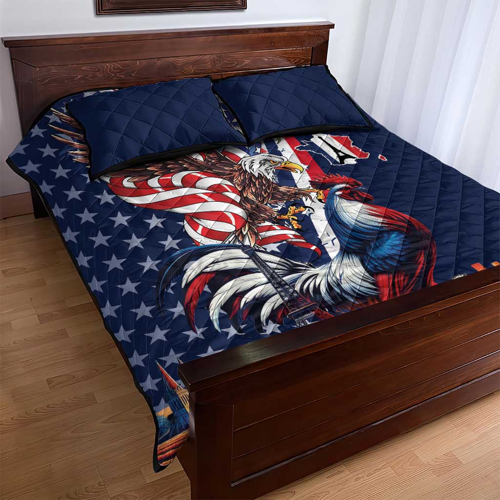 French American Heritage Month Quilt Bed Set Gallic Rooster And Bald Eagle