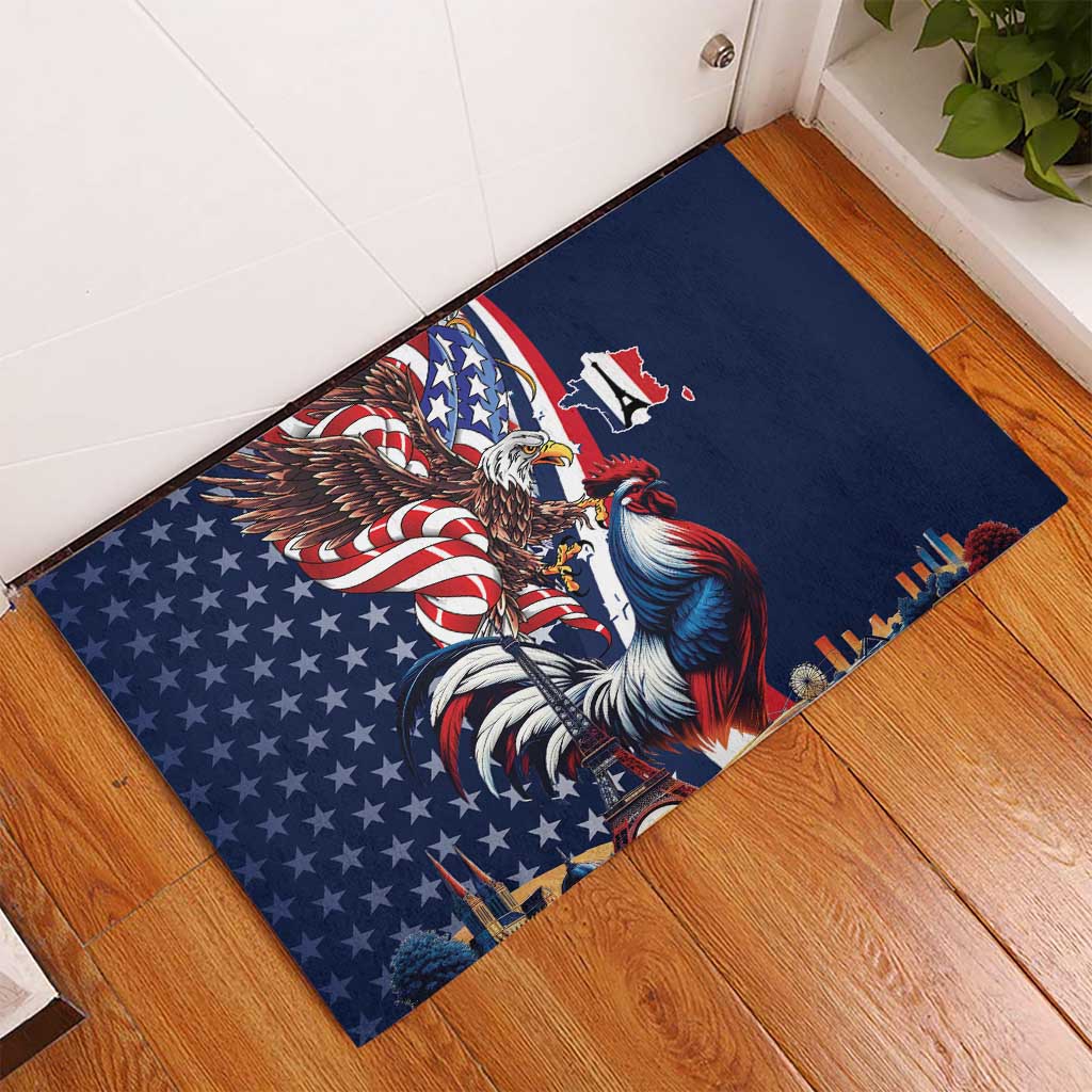 French American Heritage Month Rubber Doormat Gallic Rooster And Bald Eagle