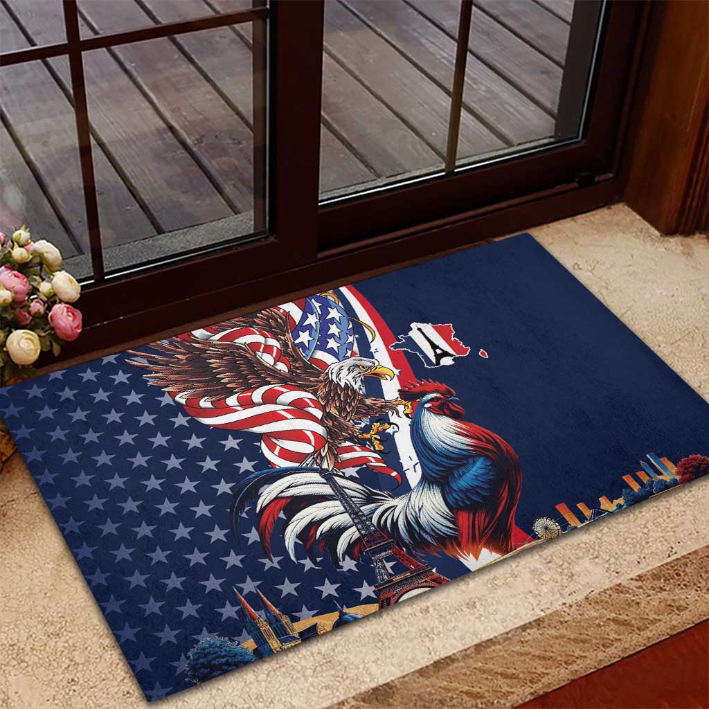 French American Heritage Month Rubber Doormat Gallic Rooster And Bald Eagle