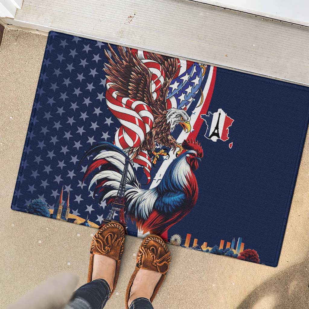 French American Heritage Month Rubber Doormat Gallic Rooster And Bald Eagle