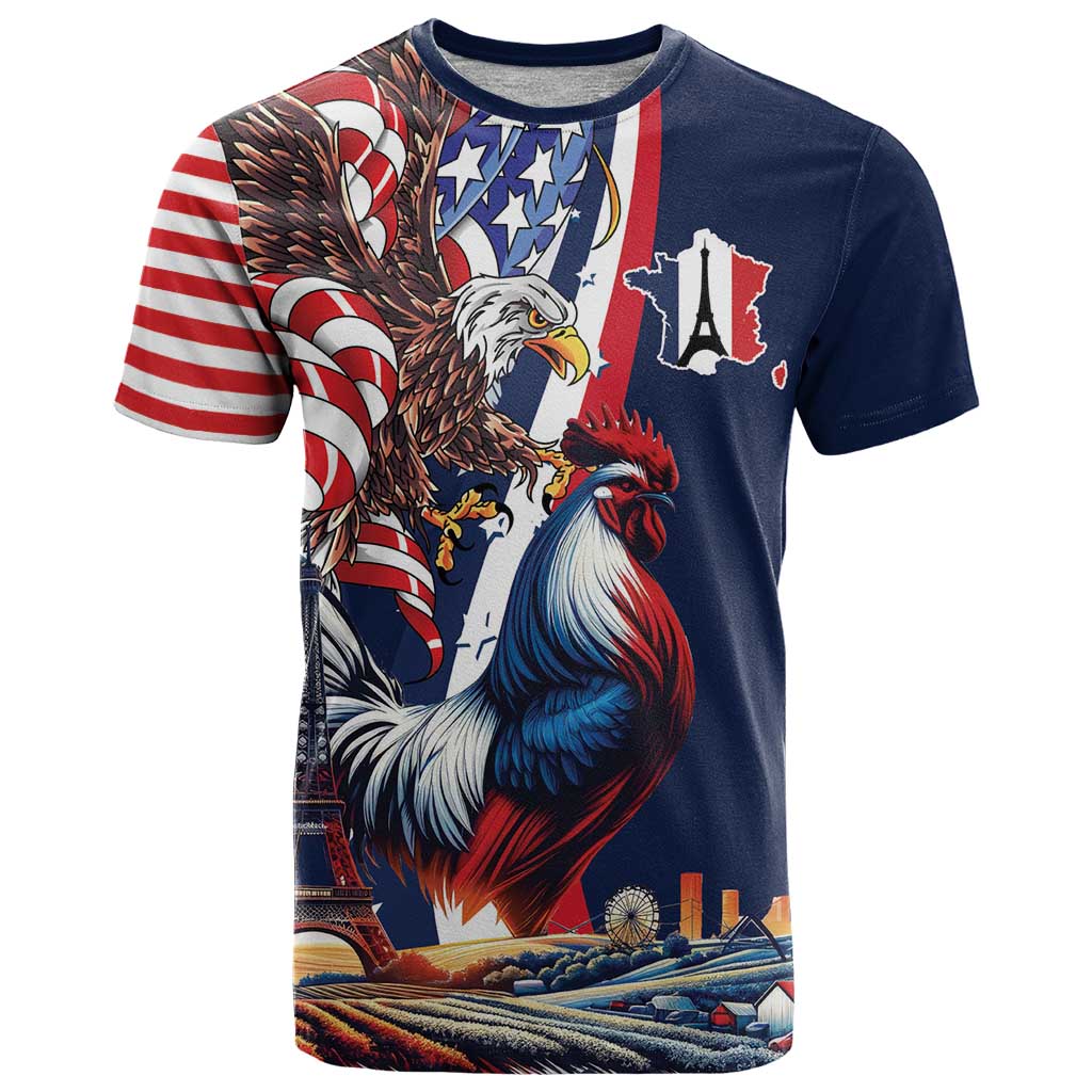 French American Heritage Month T Shirt Gallic Rooster And Bald Eagle