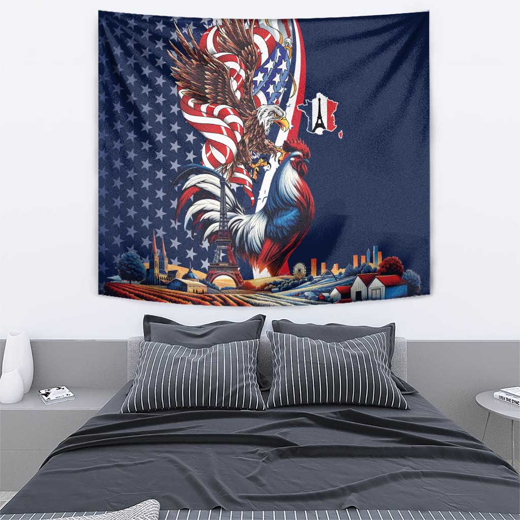 French American Heritage Month Tapestry Gallic Rooster And Bald Eagle