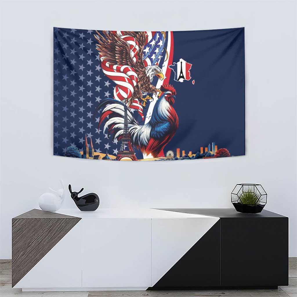 French American Heritage Month Tapestry Gallic Rooster And Bald Eagle