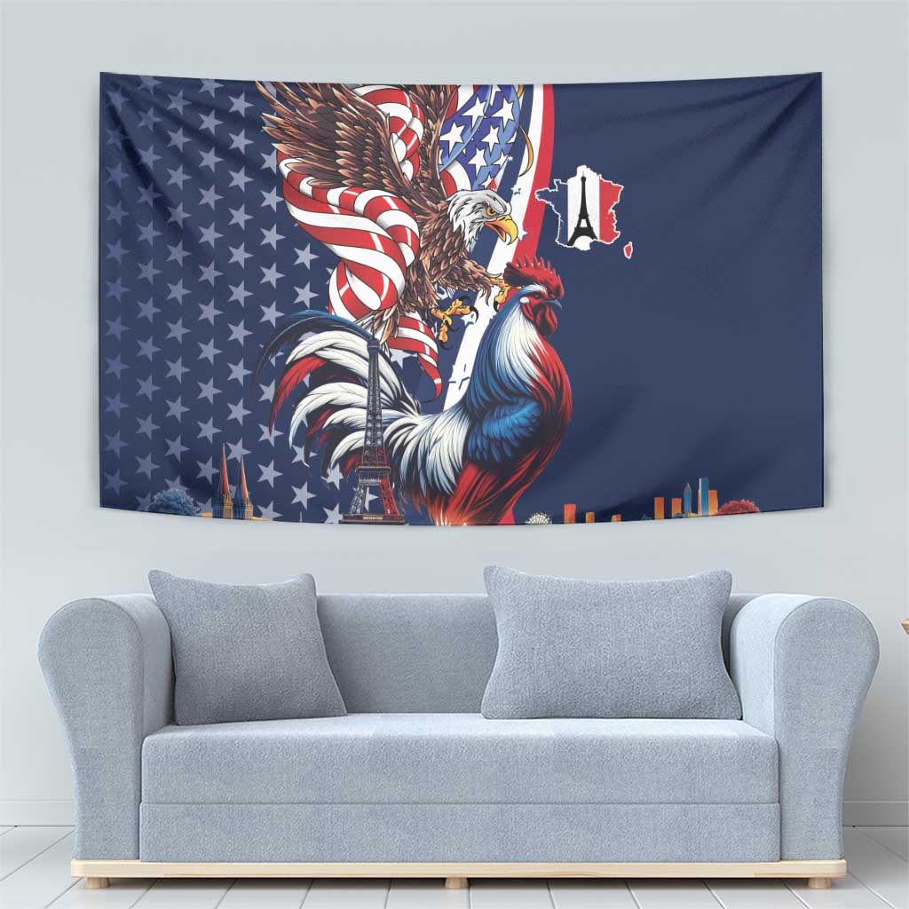 French American Heritage Month Tapestry Gallic Rooster And Bald Eagle