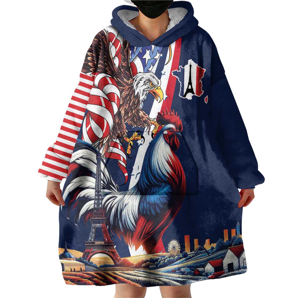 French American Heritage Month Wearable Blanket Hoodie Gallic Rooster And Bald Eagle