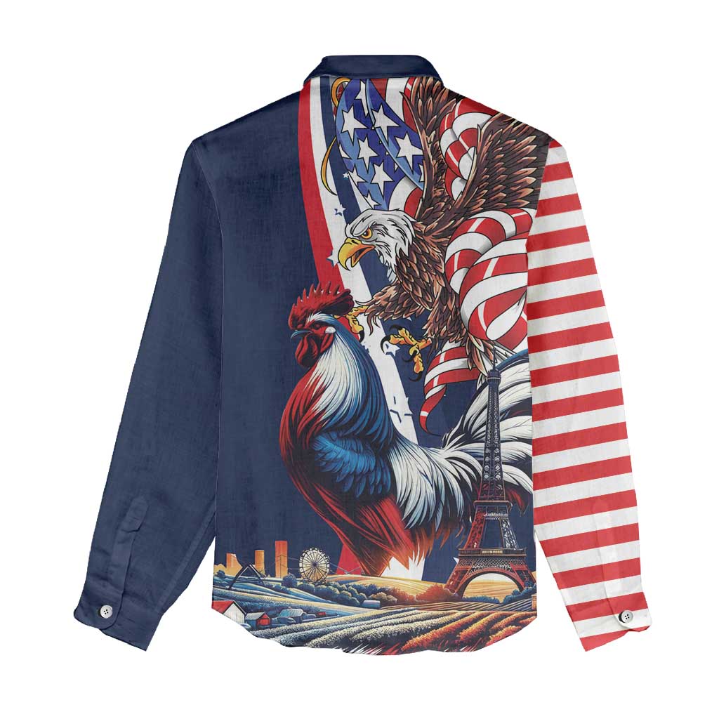 French American Heritage Month Women Casual Shirt Gallic Rooster And Bald Eagle