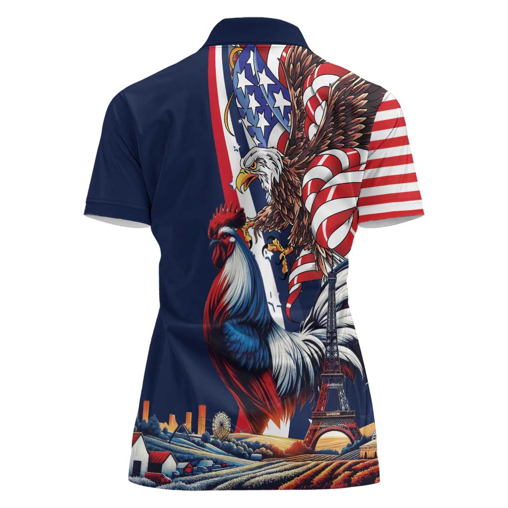 French American Heritage Month Women Polo Shirt Gallic Rooster And Bald Eagle