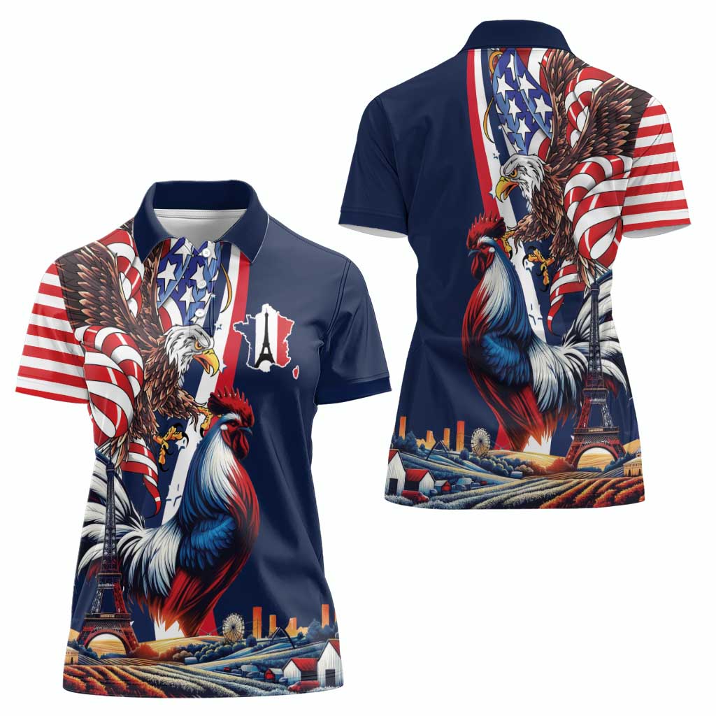 French American Heritage Month Women Polo Shirt Gallic Rooster And Bald Eagle