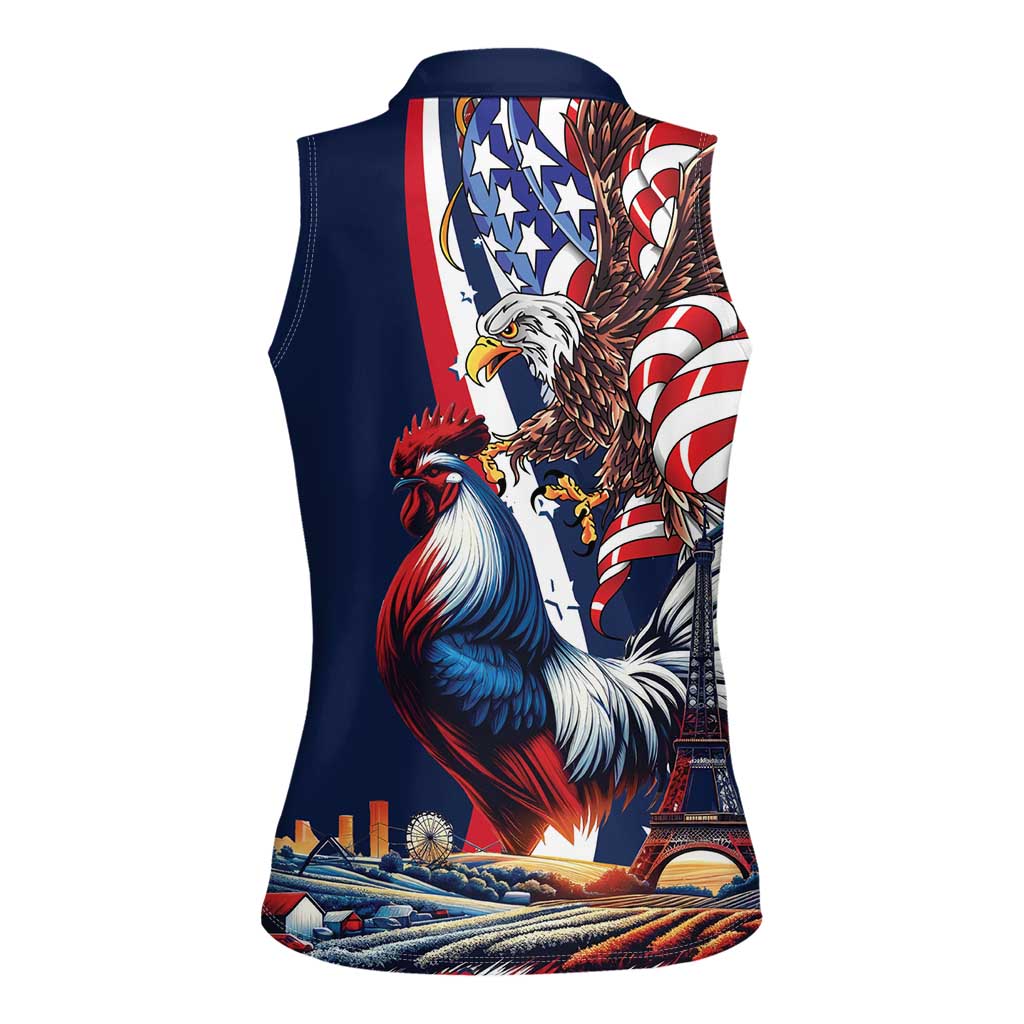 French American Heritage Month Women Sleeveless Polo Shirt Gallic Rooster And Bald Eagle