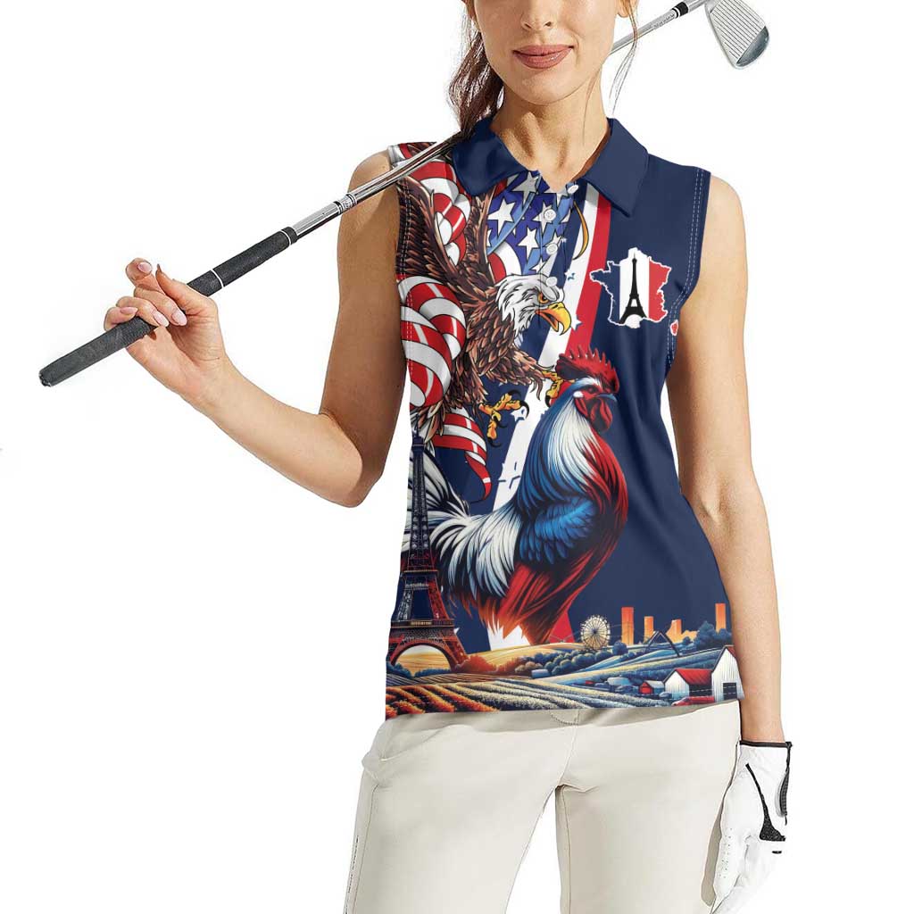 French American Heritage Month Women Sleeveless Polo Shirt Gallic Rooster And Bald Eagle