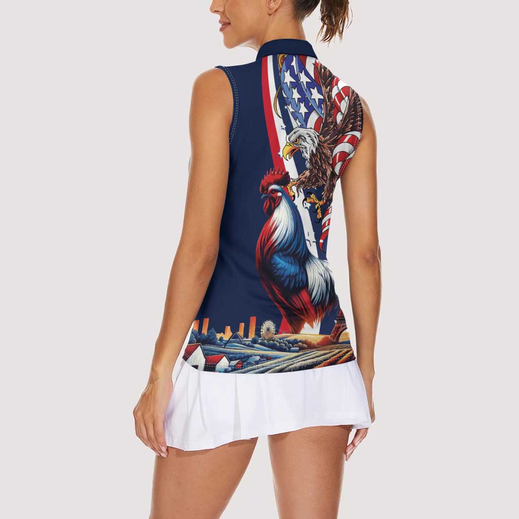 French American Heritage Month Women Sleeveless Polo Shirt Gallic Rooster And Bald Eagle