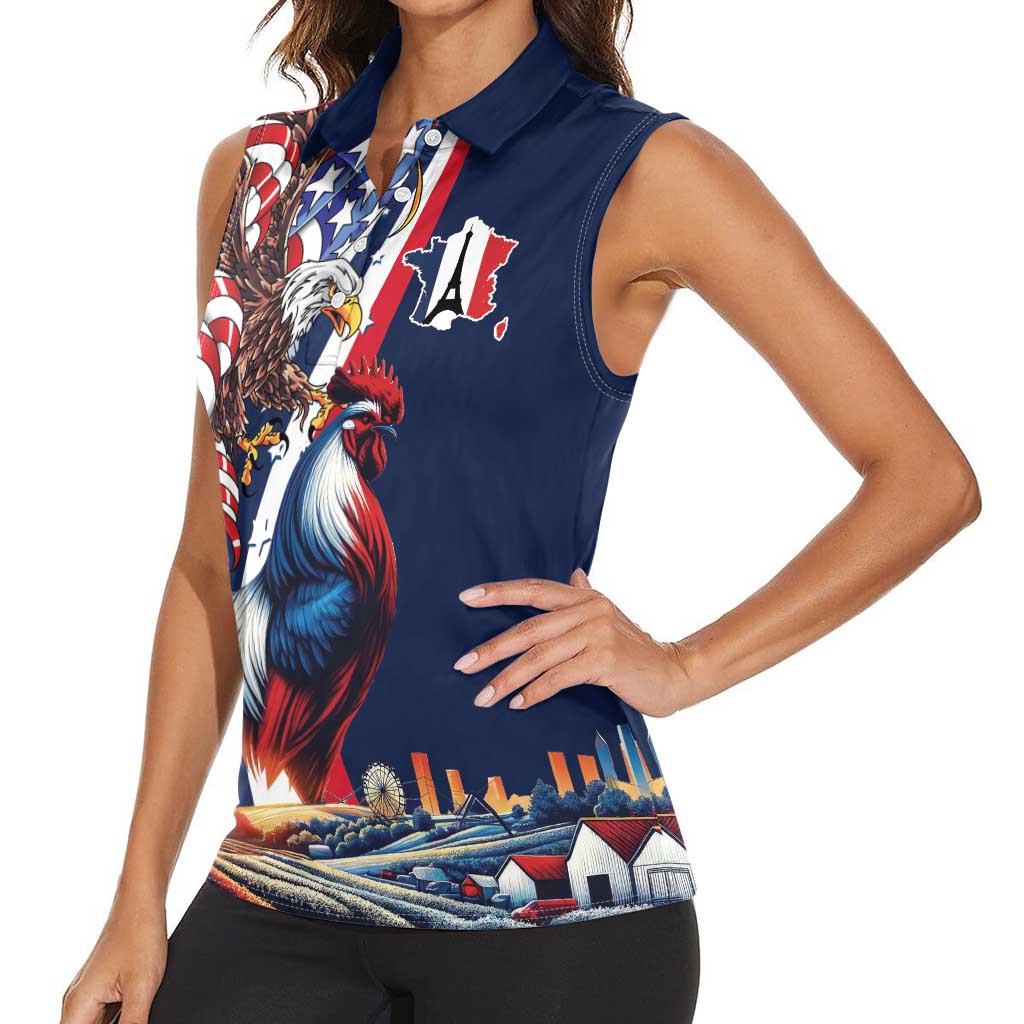 French American Heritage Month Women Sleeveless Polo Shirt Gallic Rooster And Bald Eagle