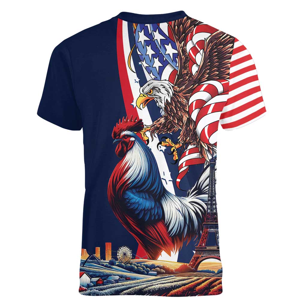 French American Heritage Month Women V-Neck T-Shirt Gallic Rooster And Bald Eagle