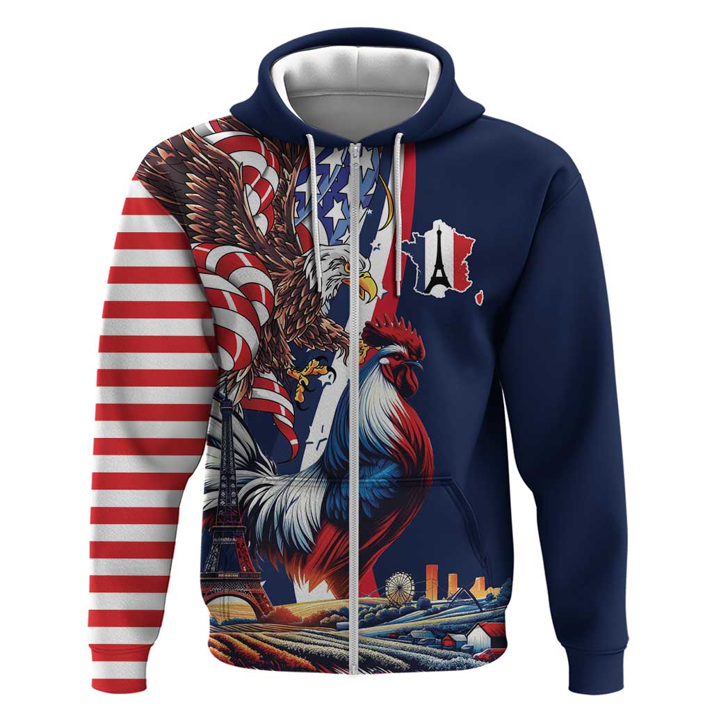 French American Heritage Month Zip Hoodie Gallic Rooster And Bald Eagle