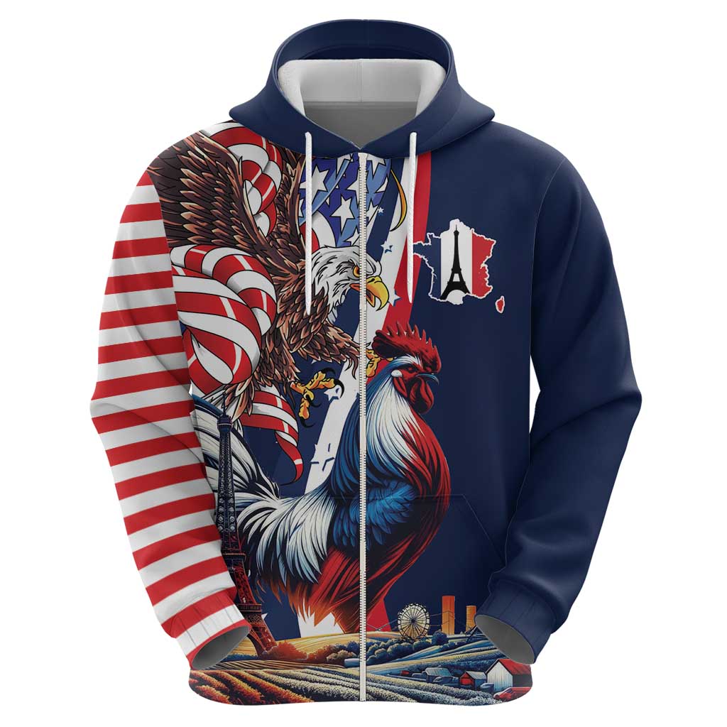 French American Heritage Month Zip Hoodie Gallic Rooster And Bald Eagle