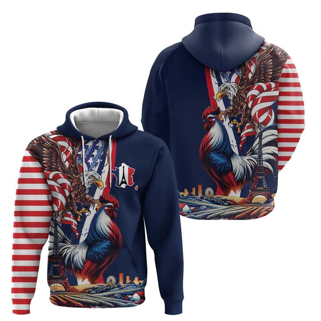 French American Heritage Month Zip Hoodie Gallic Rooster And Bald Eagle