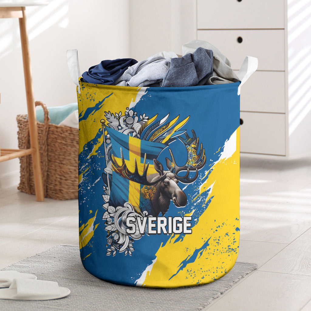 Sweden Flag Day Laundry Basket Majestic Elk Floral Nordic Heritage