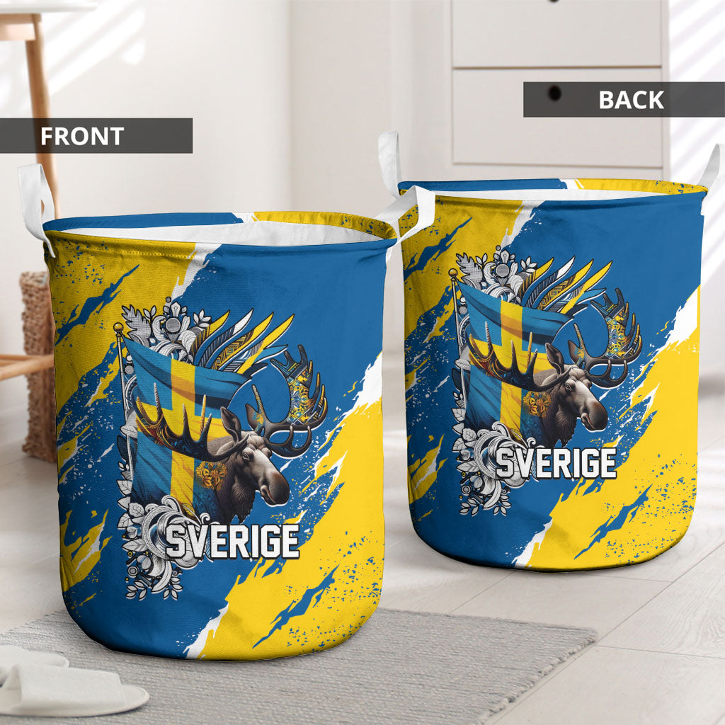 Sweden Flag Day Laundry Basket Majestic Elk Floral Nordic Heritage