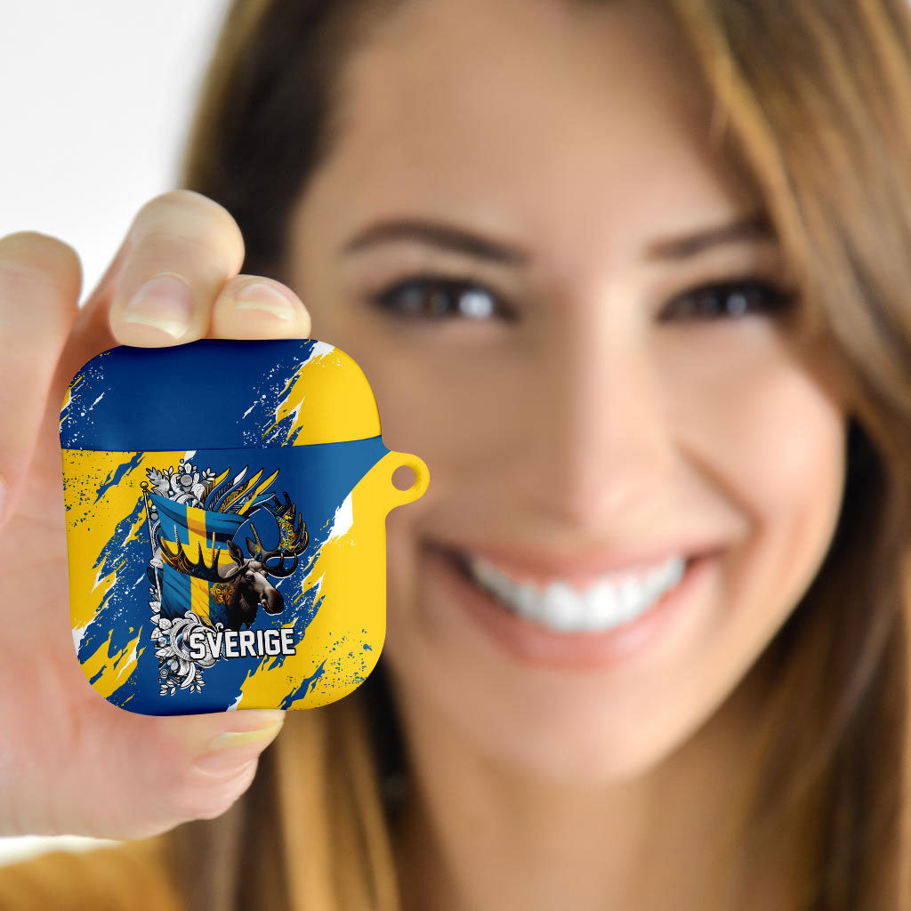 Sweden Flag Day AirPods Case Majestic Elk Floral Nordic Heritage