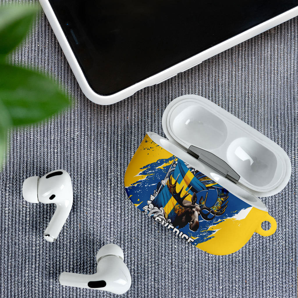 Sweden Flag Day AirPods Case Majestic Elk Floral Nordic Heritage
