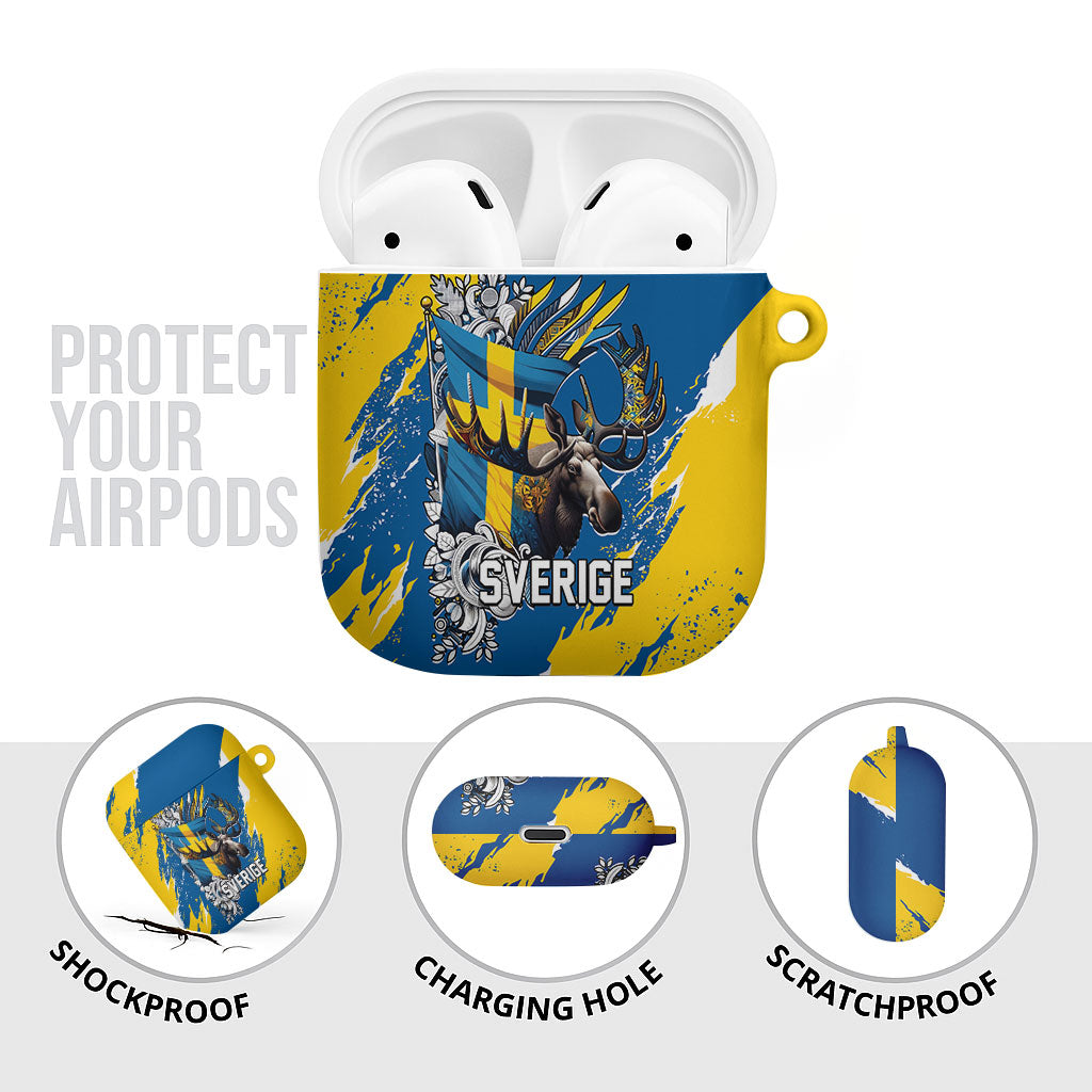 Sweden Flag Day AirPods Case Majestic Elk Floral Nordic Heritage