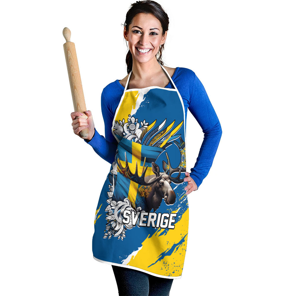 Sweden Flag Day Apron Majestic Elk Floral Nordic Heritage