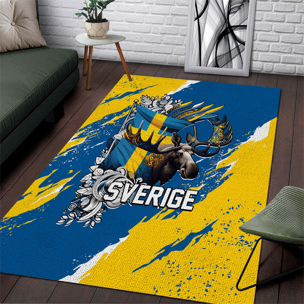 Sweden Flag Day Area Rug Majestic Elk Floral Nordic Heritage