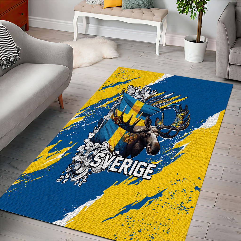 Sweden Flag Day Area Rug Majestic Elk Floral Nordic Heritage