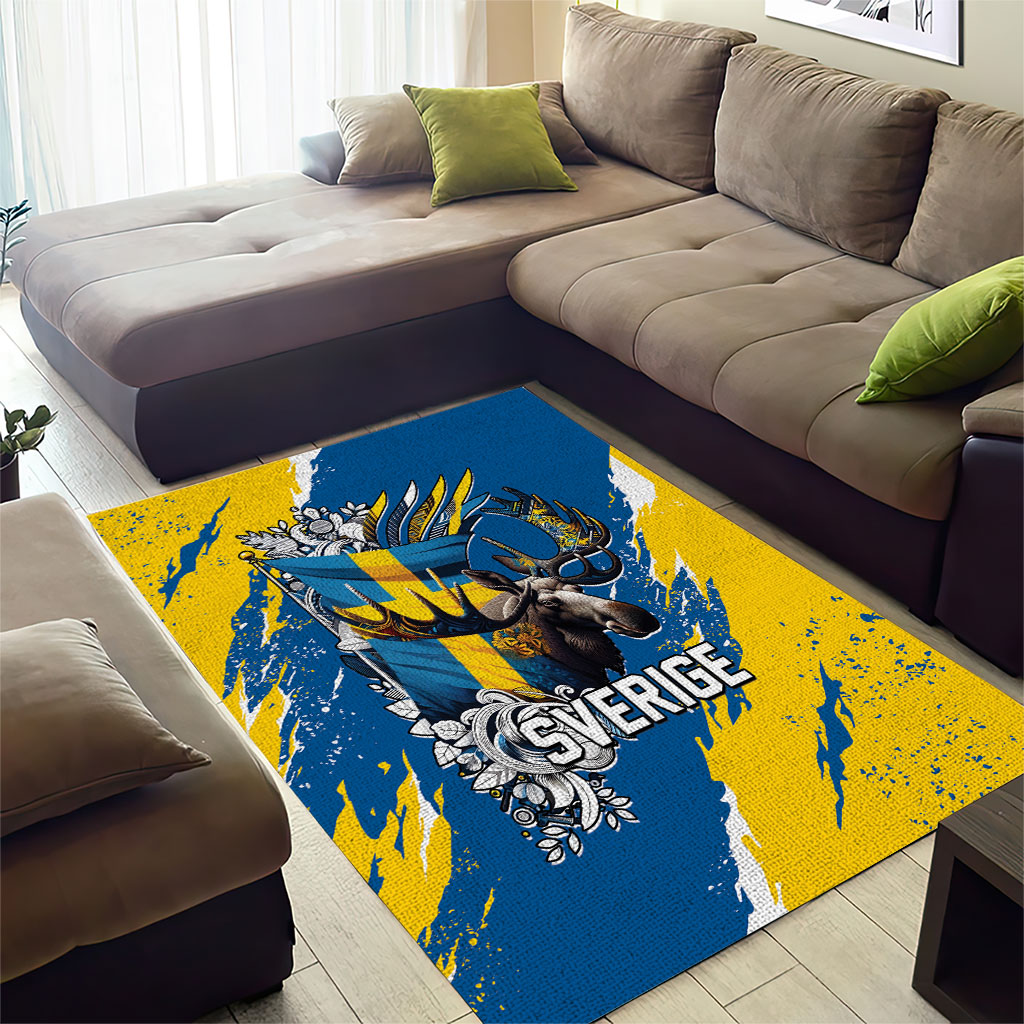 Sweden Flag Day Area Rug Majestic Elk Floral Nordic Heritage