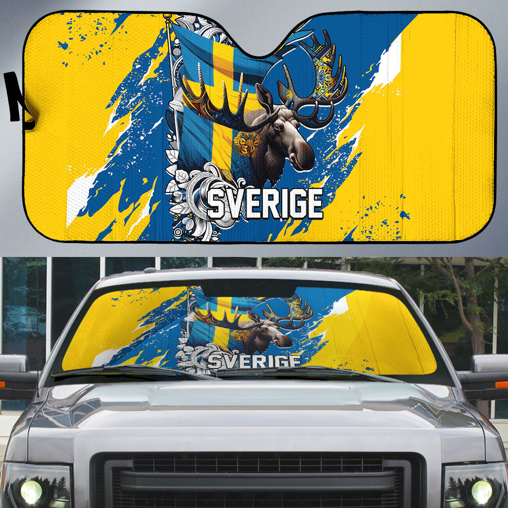 Sweden Flag Day Auto Sun Shade Majestic Elk Floral Nordic Heritage