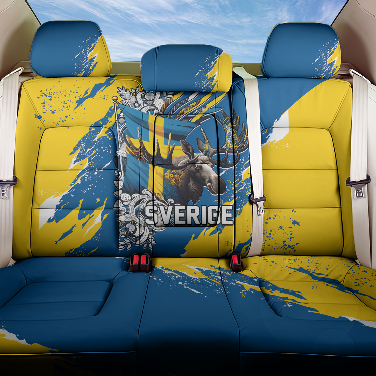 Sweden Flag Day Back Car Seat Cover Majestic Elk Floral Nordic Heritage