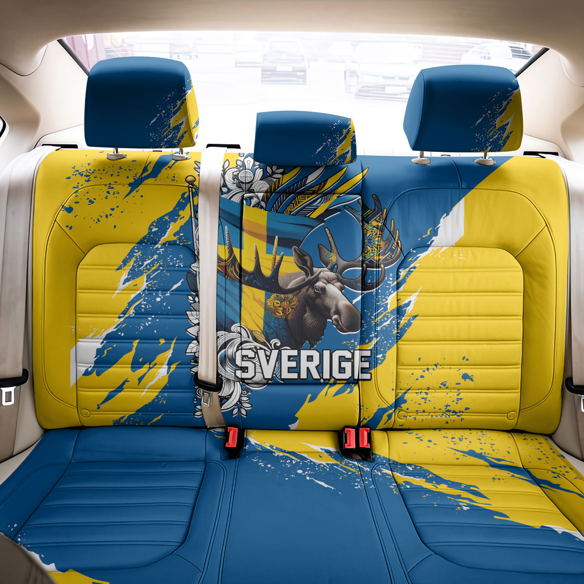Sweden Flag Day Back Car Seat Cover Majestic Elk Floral Nordic Heritage