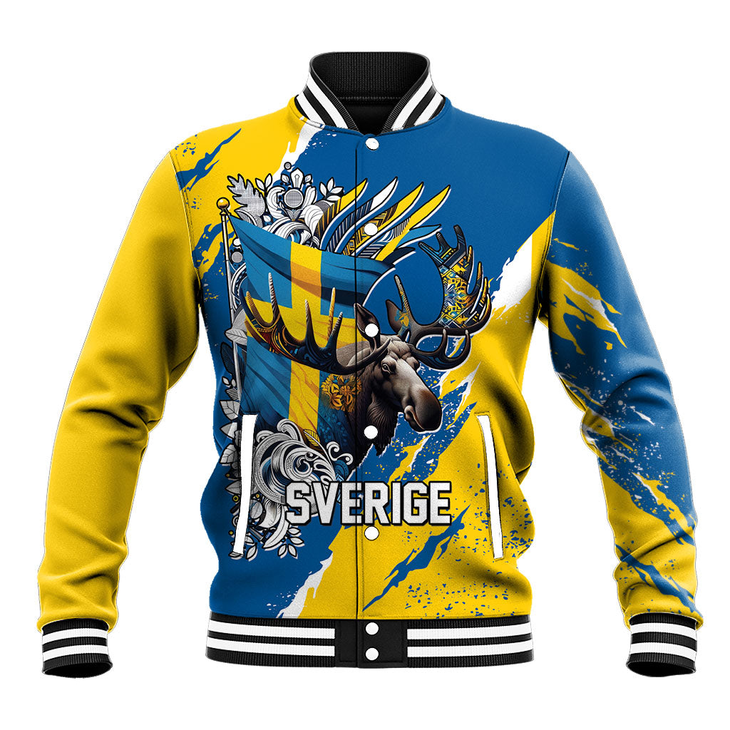 Sweden Flag Day Baseball Jacket Majestic Elk Floral Nordic Heritage